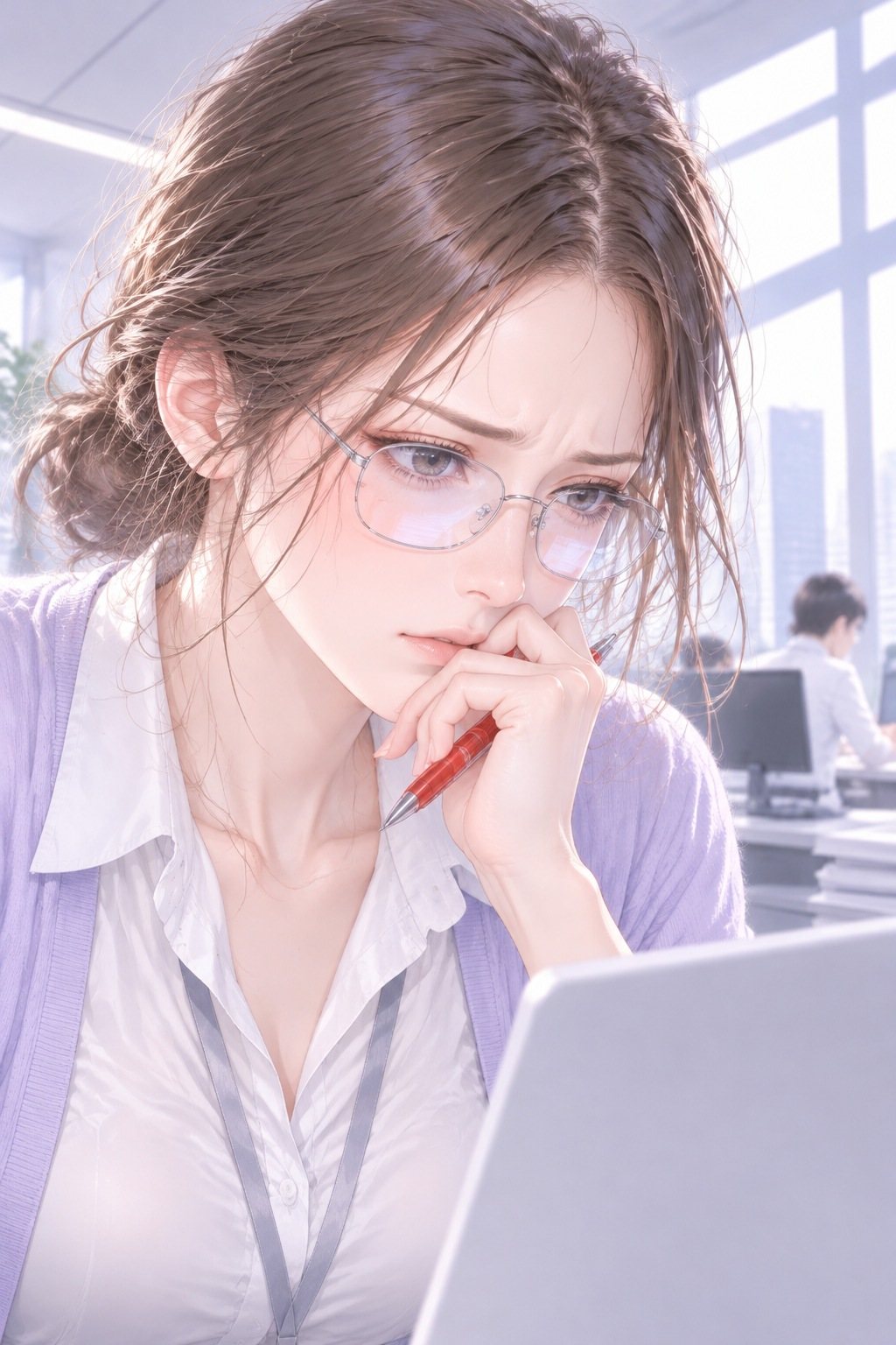 女性社員の顔の寄り。ノートパソコンの白い光が眼鏡に映り、赤ペンを持った手を口もとに当てて眉を寄せる。