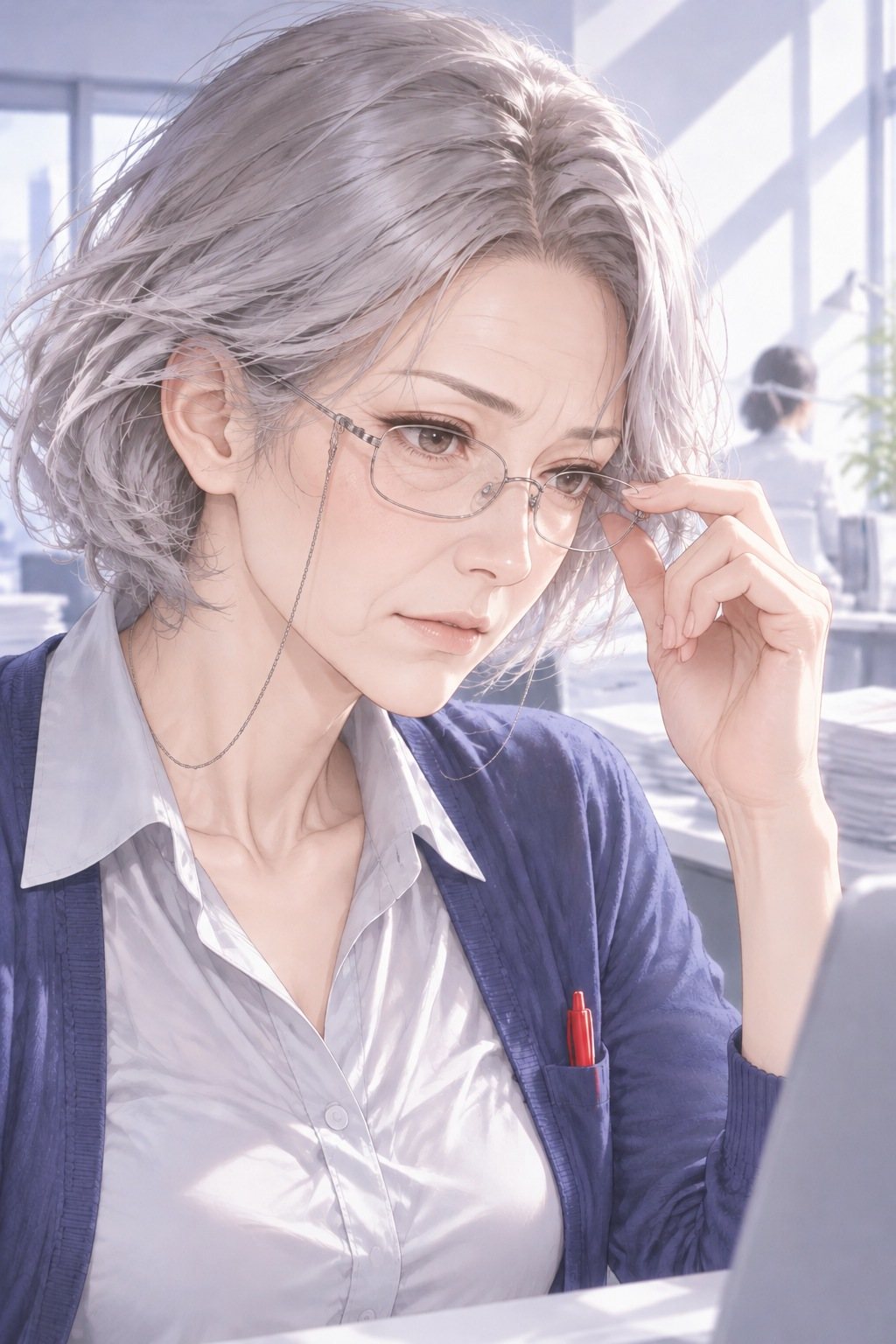 銀髪の課長の寄り。鎖のついた眼鏡のつるに指を添え、目だけで画面の方を見る。紺のカーディガンの胸ポケットに赤ペン。