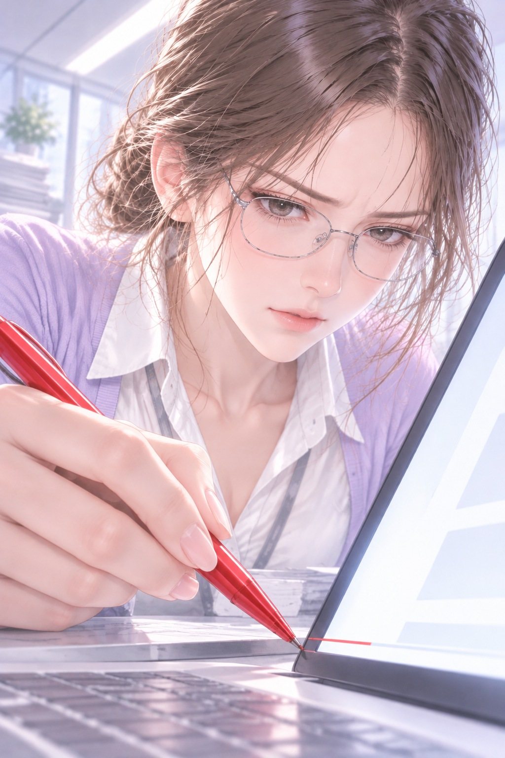 眼鏡の女性社員の寄り。眉を寄せ、赤ペンの先を画面の下の端の小さな線に当てる。