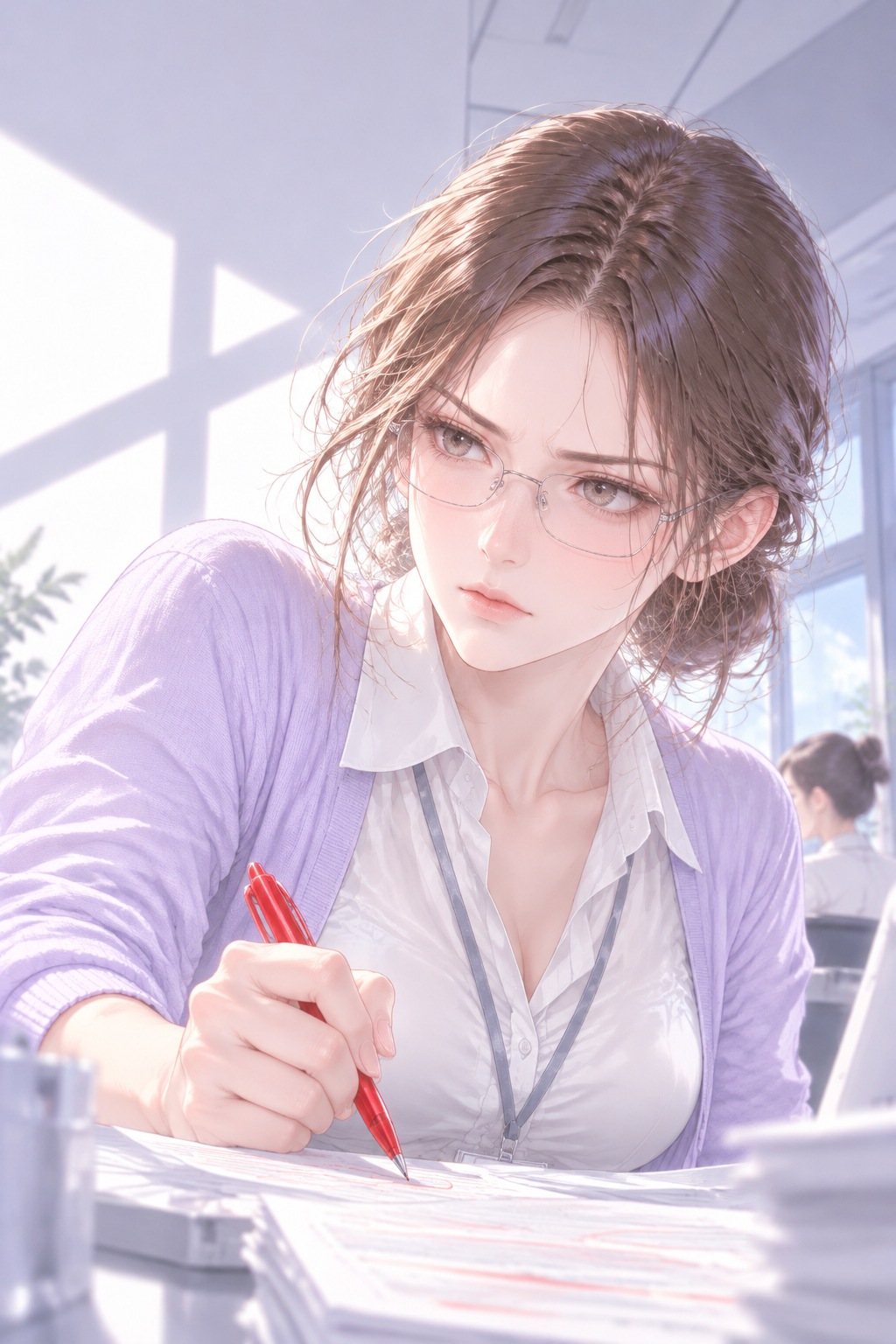 眼鏡の若い女性社員を少し下から。赤ペンを握り直し、まっすぐ前を見る。