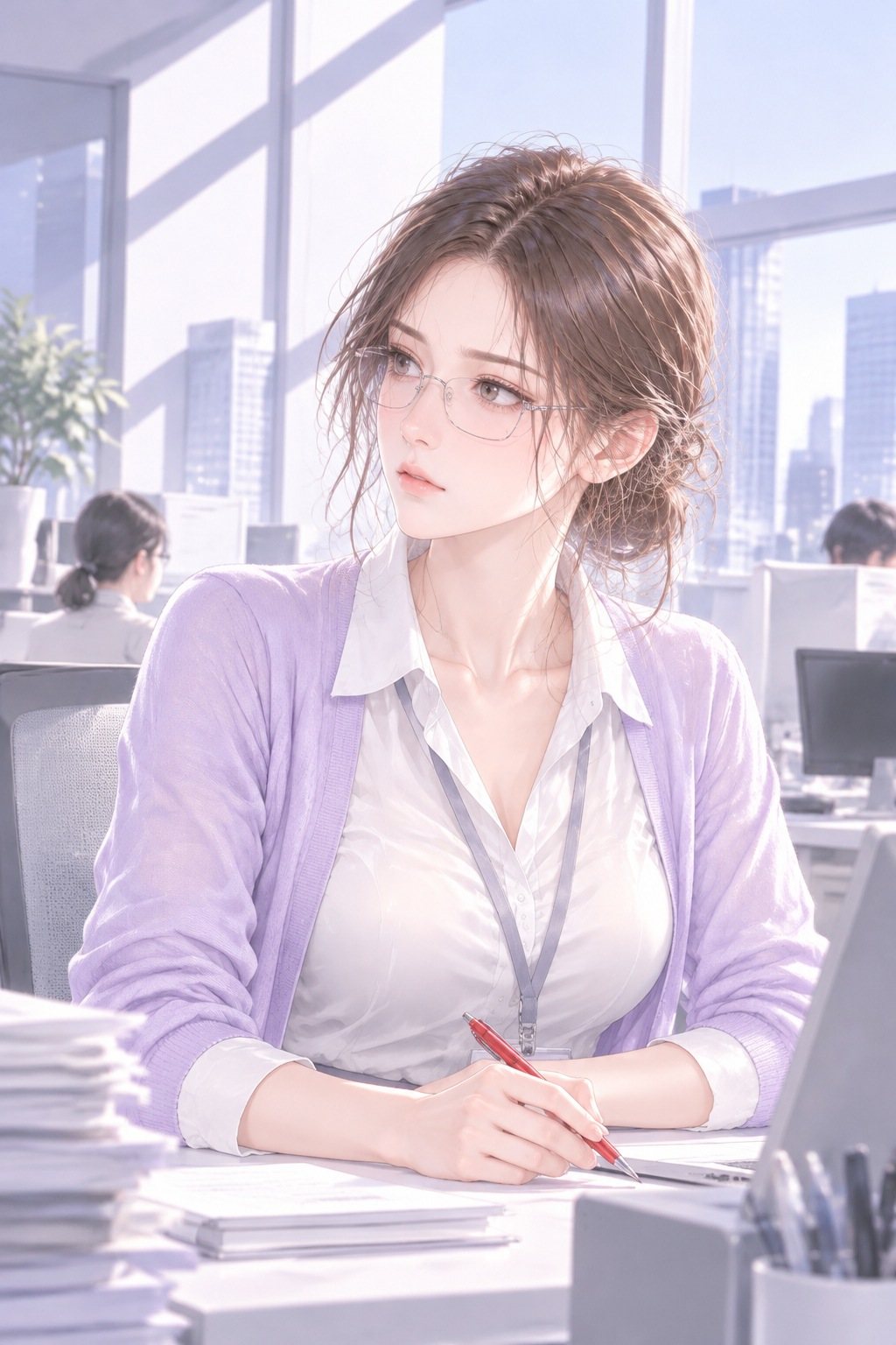 眼鏡の女性社員の胸から上。赤ペンを持った手を机に置き、背すじを伸ばして聞いている。
