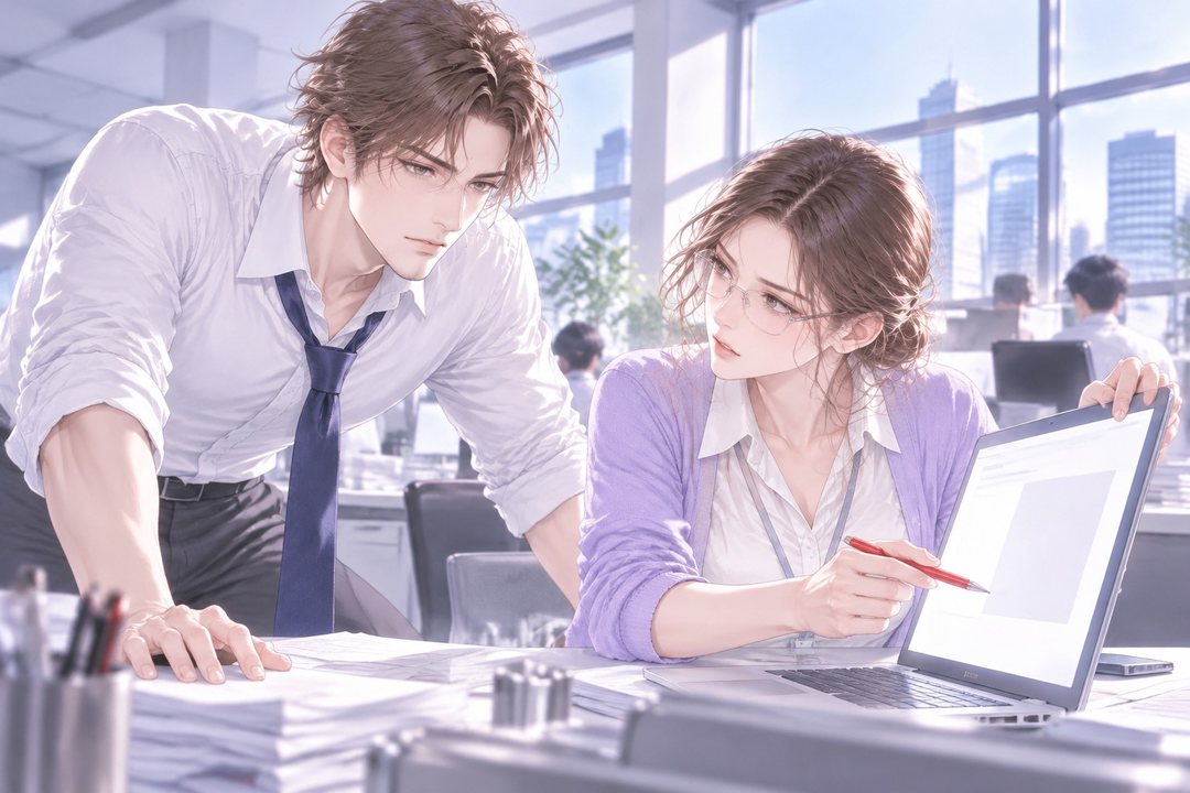 左の背の高い男性社員が机に手をついてのぞき込み、右の眼鏡の若い女性社員がノートパソコンの画面を男性の方へ向けて赤ペンで指す。
