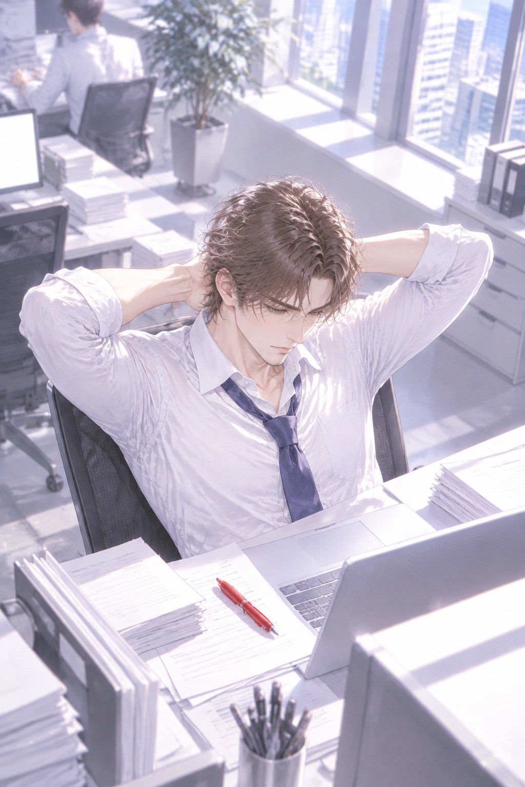 少し上から男性社員。椅子に沈み込み、両手を頭の後ろで組んで下を向く。