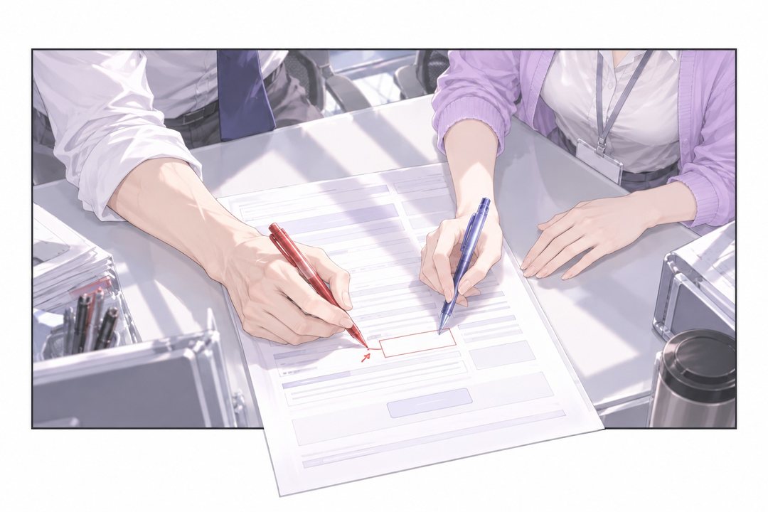 真上から見た机。印刷した最終確認画面の紙に、2人の手が赤ペンと青ペンで書き込む（字は読めない線）。ボタンのすぐ上に赤い四角い枠が足されている。紙の角が枠の下へ出ている。