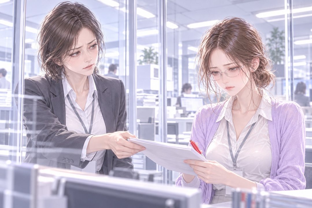 窓口のガラスの前。主任(左)が、眼鏡の若い女性社員(右)に紙を1枚差し出し、疲れた目を少しゆるめる。