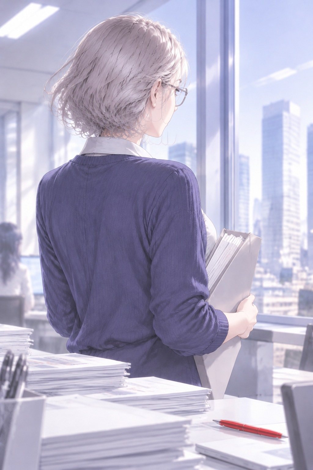 法務部の窓ぎわ。銀髪の課長が紺のカーディガンの背を向け、ファイルを抱えて窓の外を見る。手前の机の端に、古い赤ペンが1本。