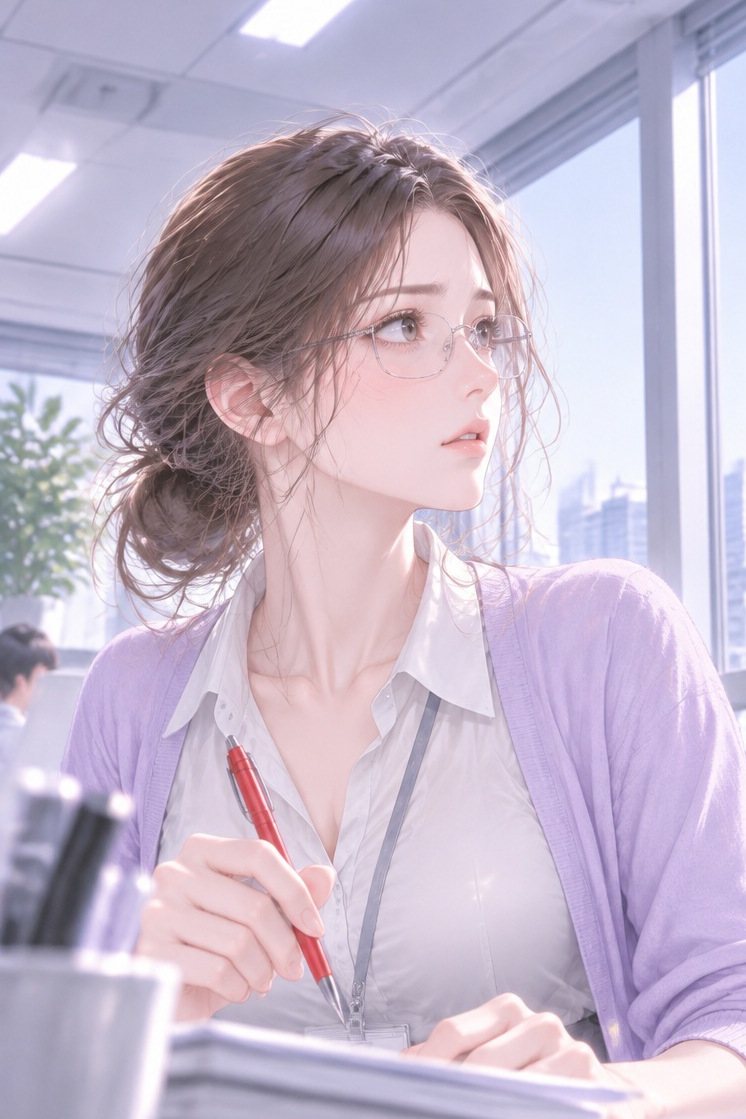 女性社員の胸から上を机の高さから。赤ペンを持つ手を止めて顔を上げ、窓の方を見る。