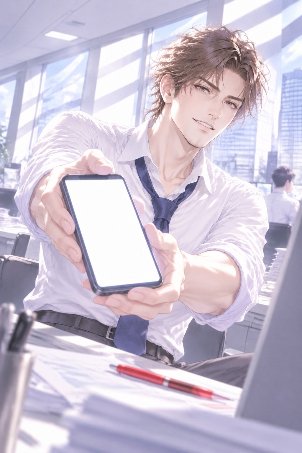 背の高い男性社員が、スマートフォンを両手で突き出して得意げに笑う。画面は白い光だけ（字は読めない）。