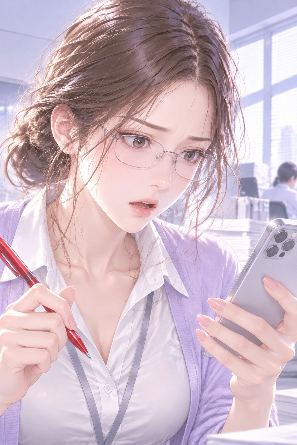 眼鏡の若い女性社員の寄り。手に取ったスマートフォンの画面を見つめ、赤ペンを持つ手が止まる。