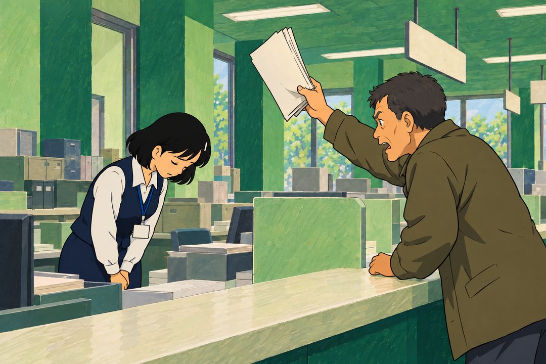 窓口のカウンター越し。右で中年の男性が書類の束を振り上げて怒っている。左で、紺のベストに首から名札の紐を下げた若い女性の職員が、深く頭を下げている。