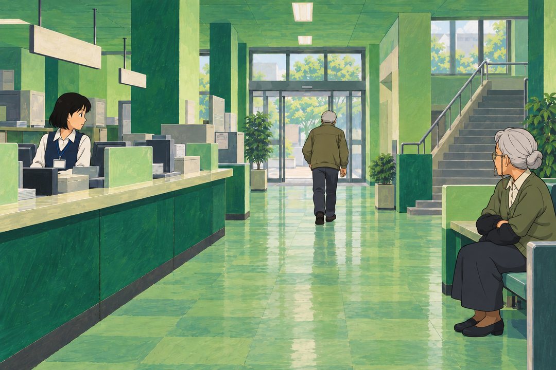 ロビーの引き。2階への階段の前を素通りして、出口へ向かう男性の背中。カウンターの左で若い職員がそれを目で追い、右手前の長椅子で、白髪をまとめた60代の女性の職員が腕を組んで同じ背中を見ている。