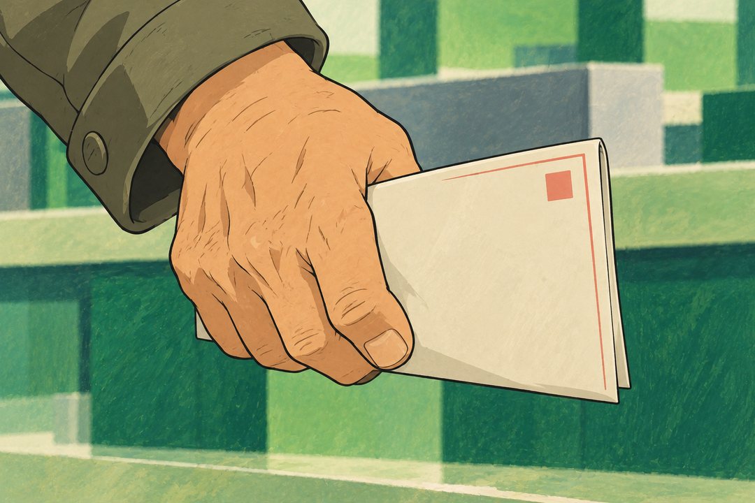 回想の寄り。男性の手の中の封筒の端。赤い枠の印と、赤い判のような四角(読める字は無い)。