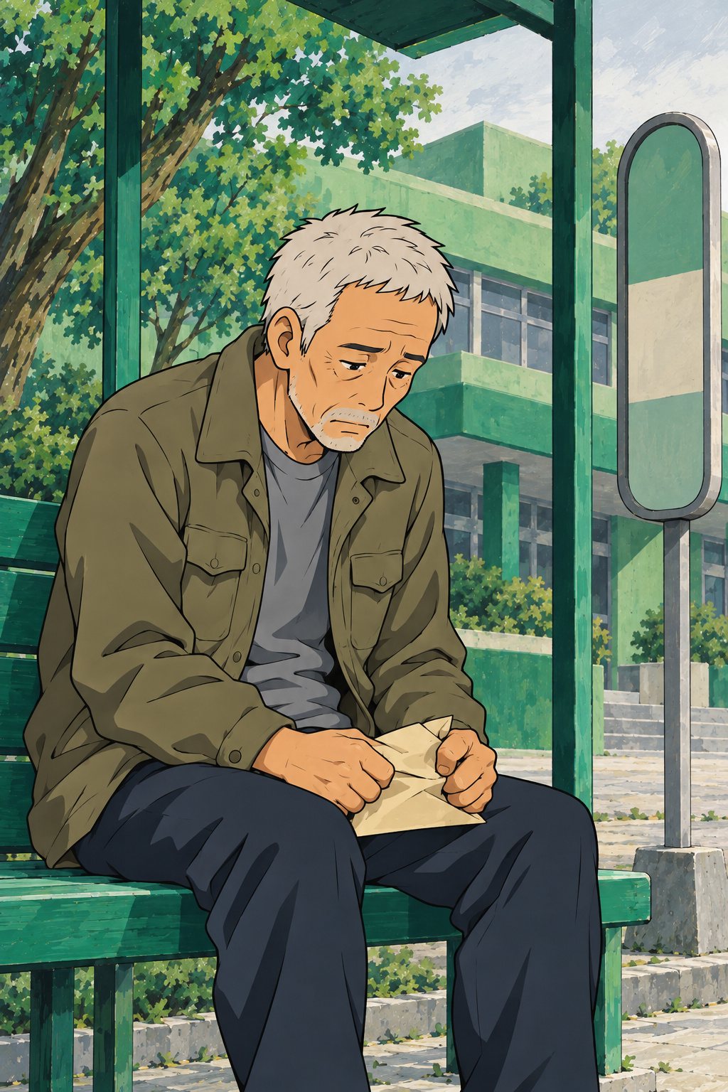 バス停のベンチに座る男性。うつむいて、膝の上で封筒を握りつぶす。目のまわりに疲れ。
