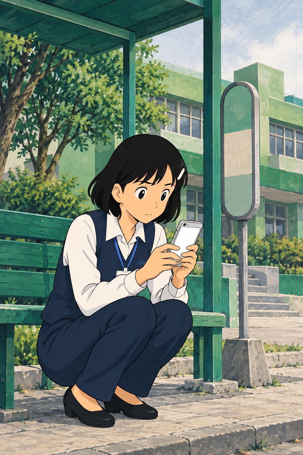 若い女性の職員が、ベンチの横にしゃがみ、スマートフォンを両手で持って、画面の光を必死に見つめている（画面の字は読めない）。