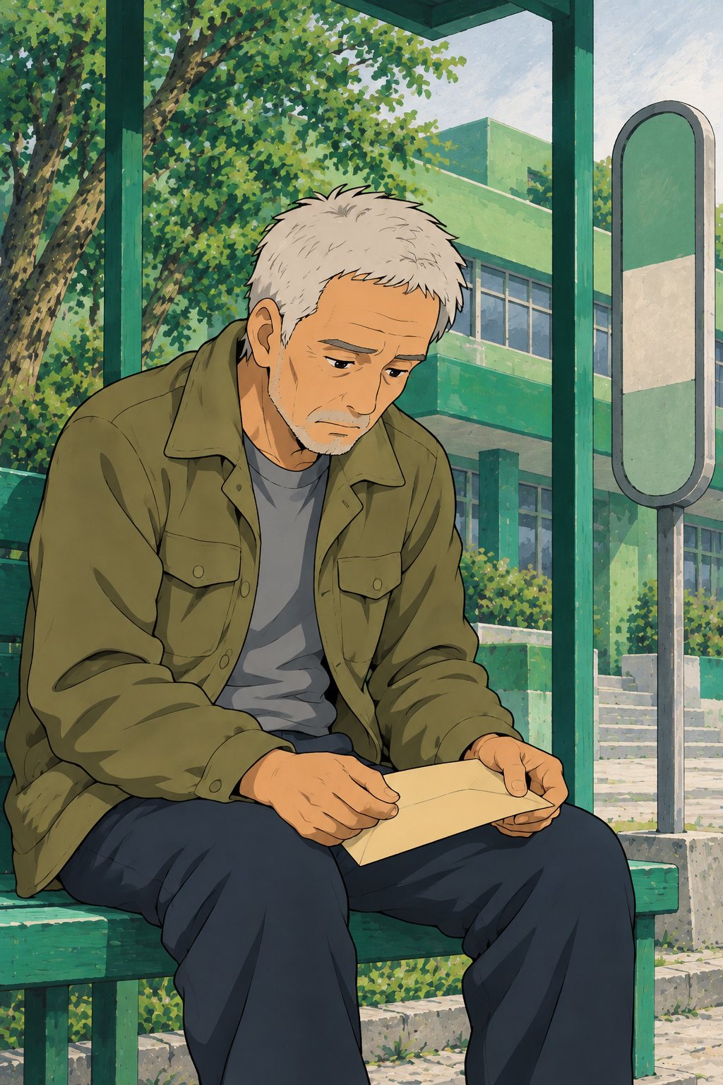 ベンチの男性。目を伏せ、膝の上の封筒の端を親指で何度もなぞっている。