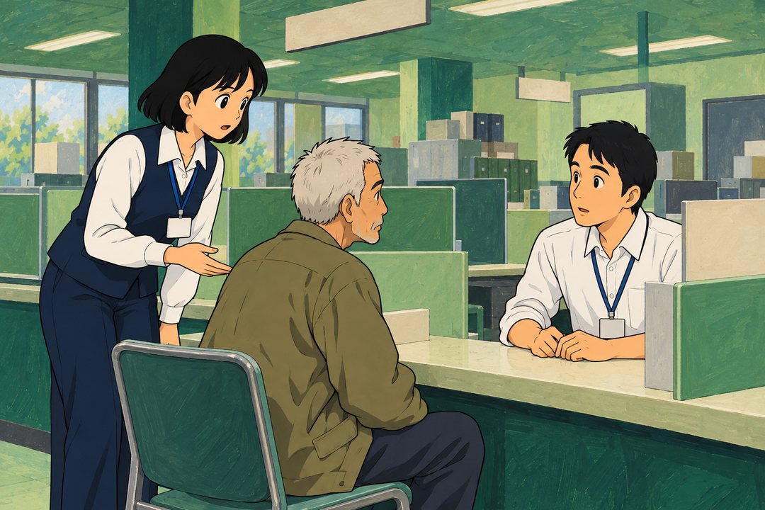2階の福祉課の相談の窓口。衝立で仕切った机が並ぶ。左で若い女性の職員が、椅子に座った男性の横に立ち、右のカウンターの奥の、腕まくりの30代の男性の職員に声をかけている。