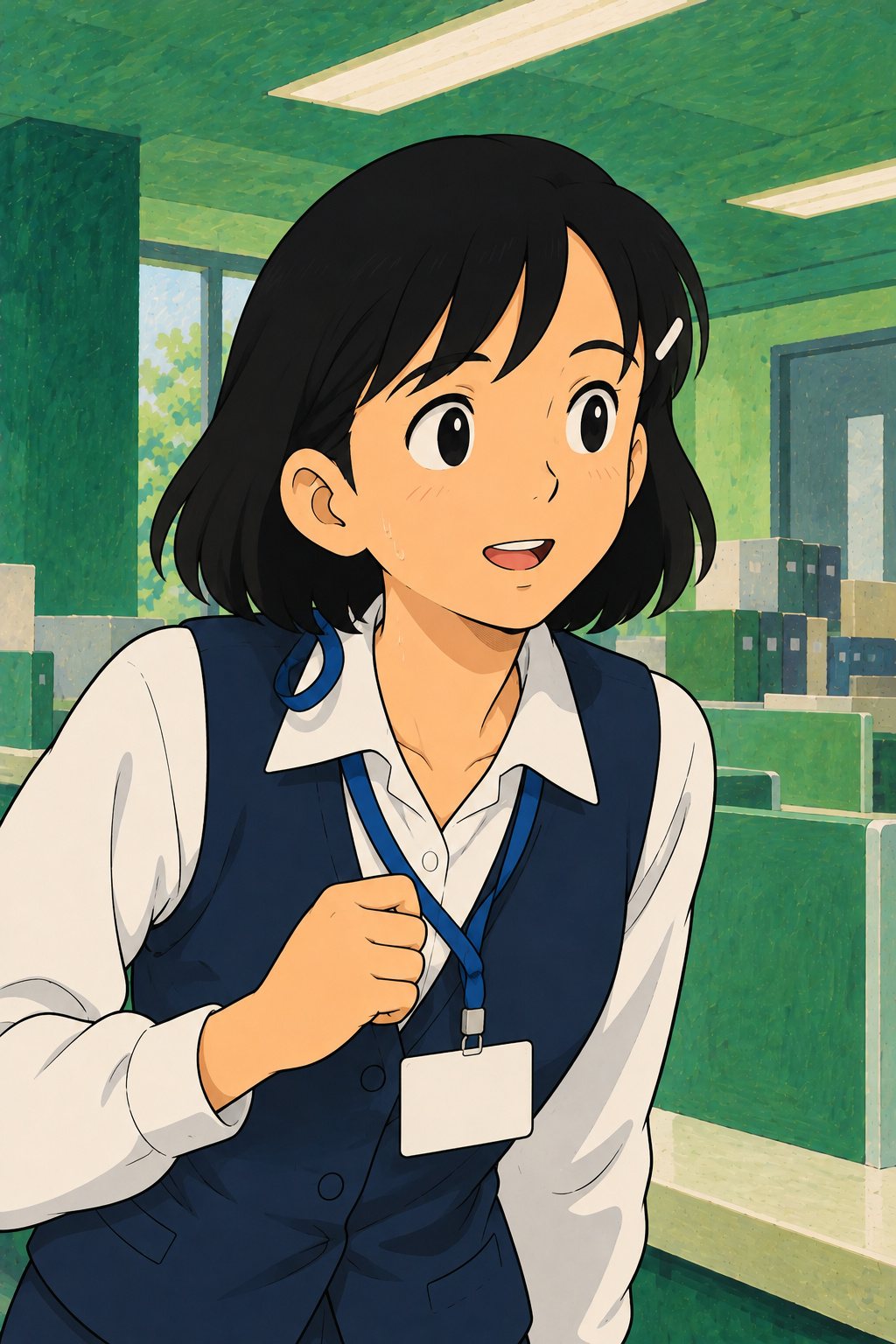 若い女性の職員の寄り。息を切らしたまま、くしゃっと笑ってうなずく。走ってきたせいで、名札の紐が肩に引っかかっている。