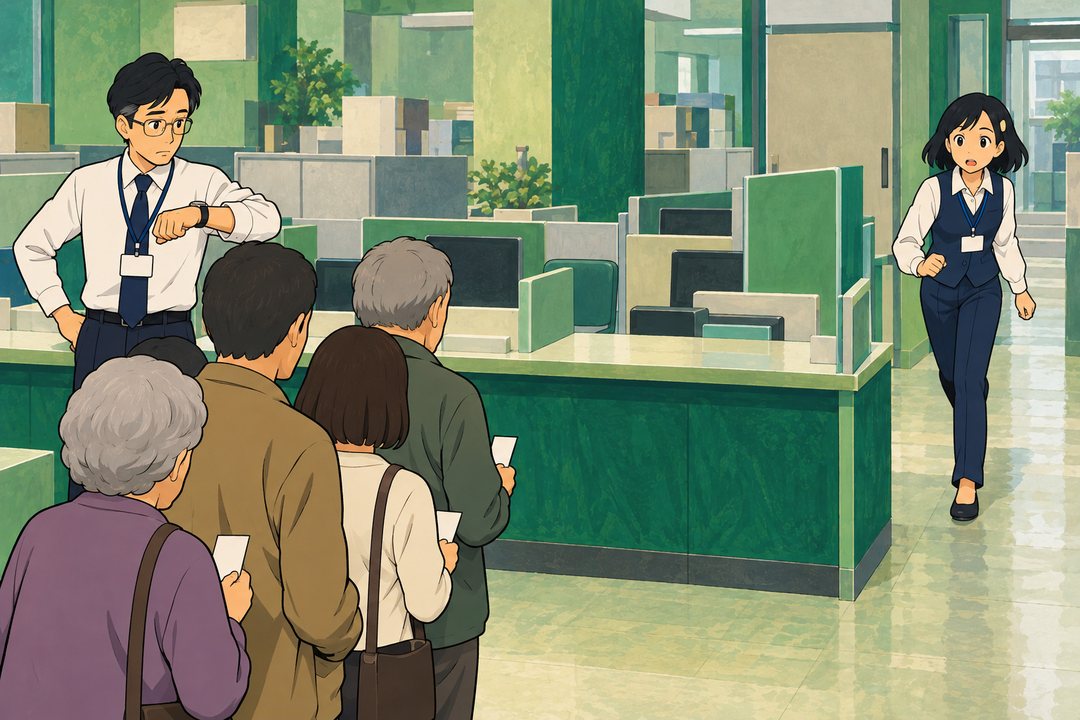 総合窓口のカウンター。空いた若い職員の席の前に、番号札を持った人の列が伸びている。左で係長が腕時計を見ながら立ち、右から若い職員が小走りで戻ってくる。