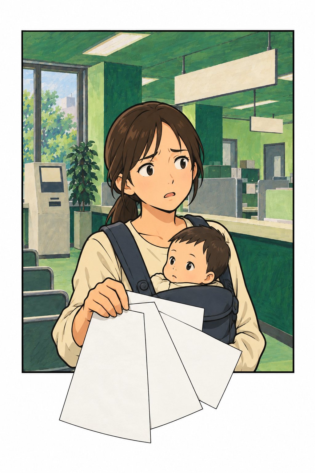 窓口の前に、抱っこひもで赤ちゃんを抱いた20代の女性が立つ。片手に、通知の紙を4枚、扇のように開いて握っている（字は読めない）。
