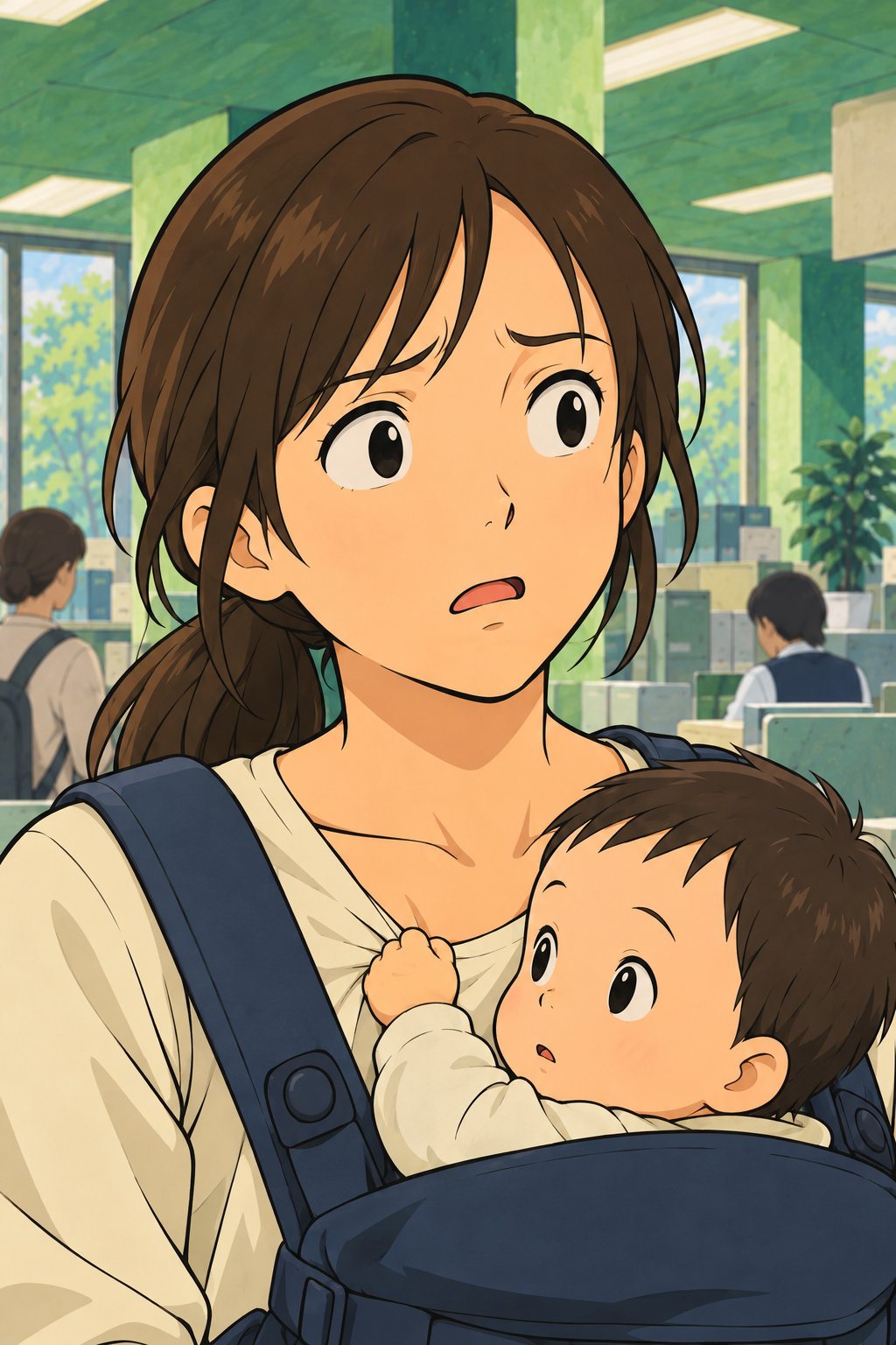 母親の顔の寄り。目を見開いたまま固まる。抱っこひもの赤ちゃんの小さな手が、母親の襟をぎゅっとつかむ。