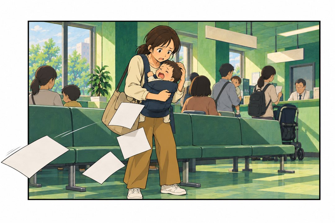 保育課の前の長椅子。母親が泣く赤ちゃんをあやして立ち上がった拍子に、膝の4枚の通知が床へすべり落ちる。1枚が裏を向いて、ほかから離れていく。