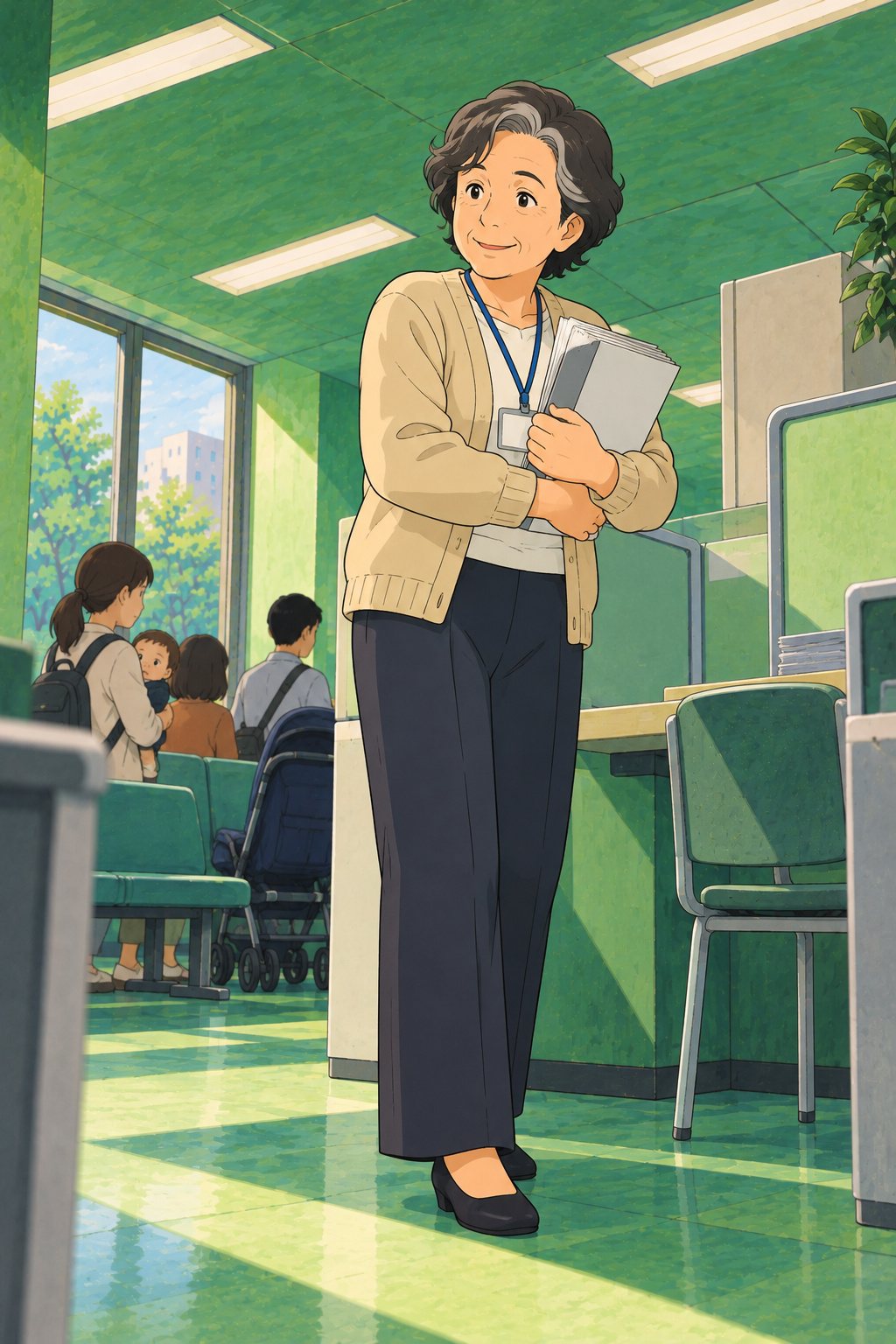 保育課の奥の相談の席のそばを、膝の高さから。50代の女性の職員が、預け先の一覧の厚いファイルを胸に抱えて立ち、やわらかく笑う。