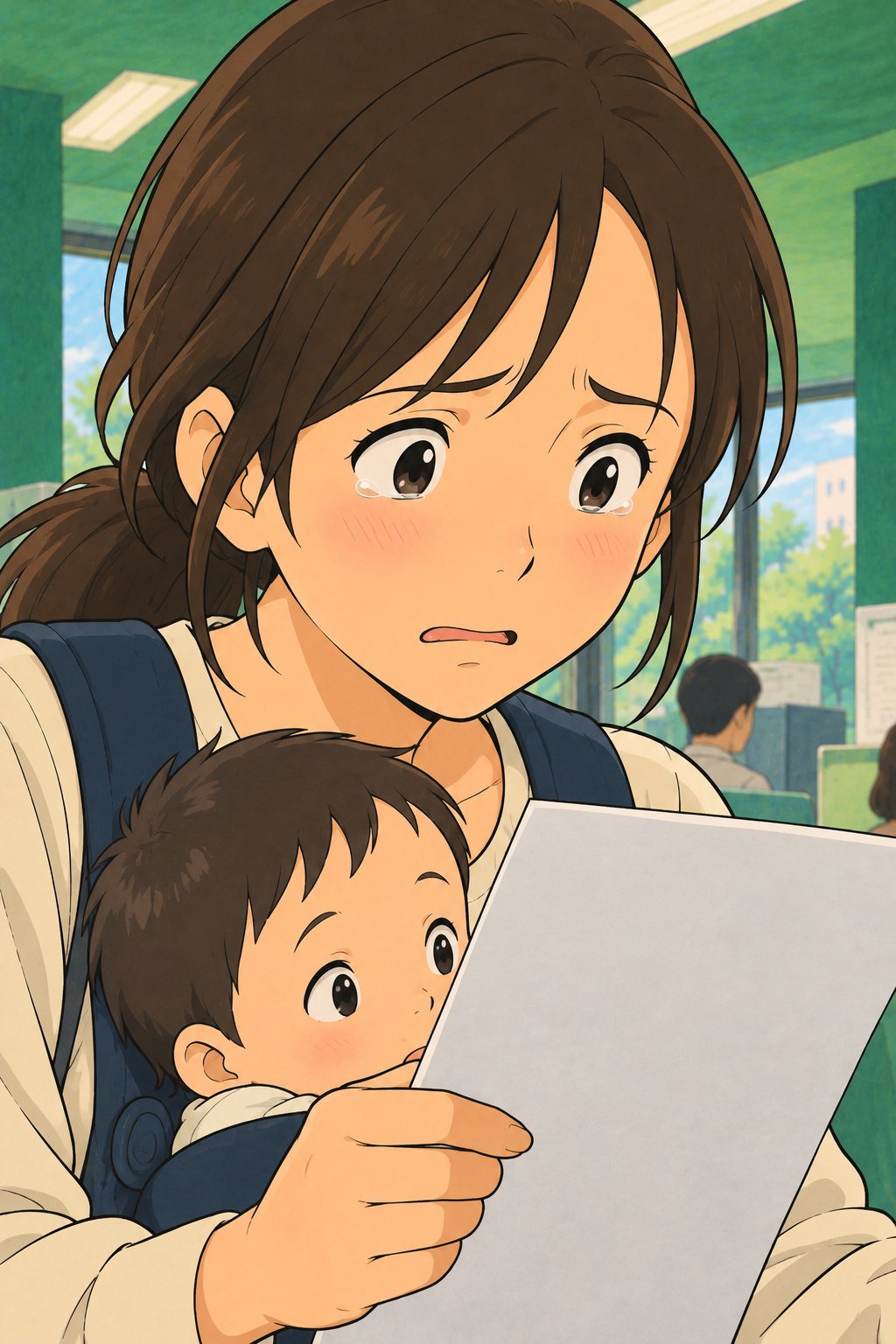 母親の顔の寄り。一覧の紙を手に、涙のたまった目で見つめる。抱っこひもの赤ちゃんも紙を見上げる。