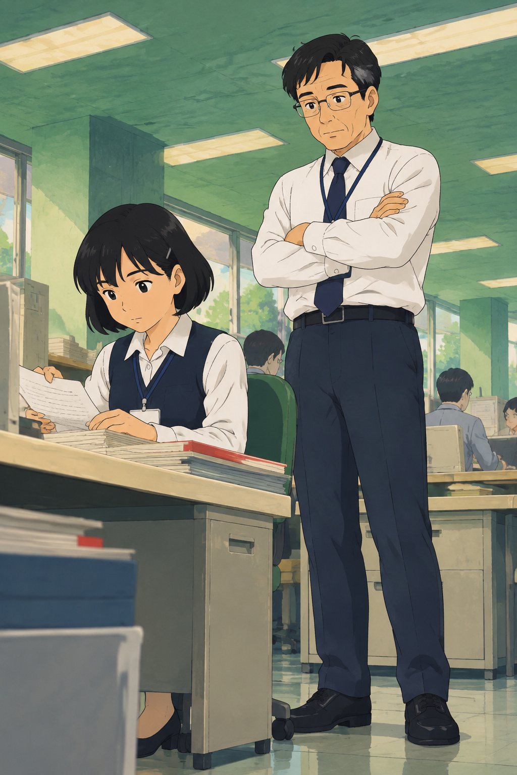 この日は窓口に立つ係長。席で書類を読む茅野の横に、白いシャツに紺のネクタイの係長が腕を組んで立つ。眼鏡の奥から、茅野の手元を静かに見下ろしている。