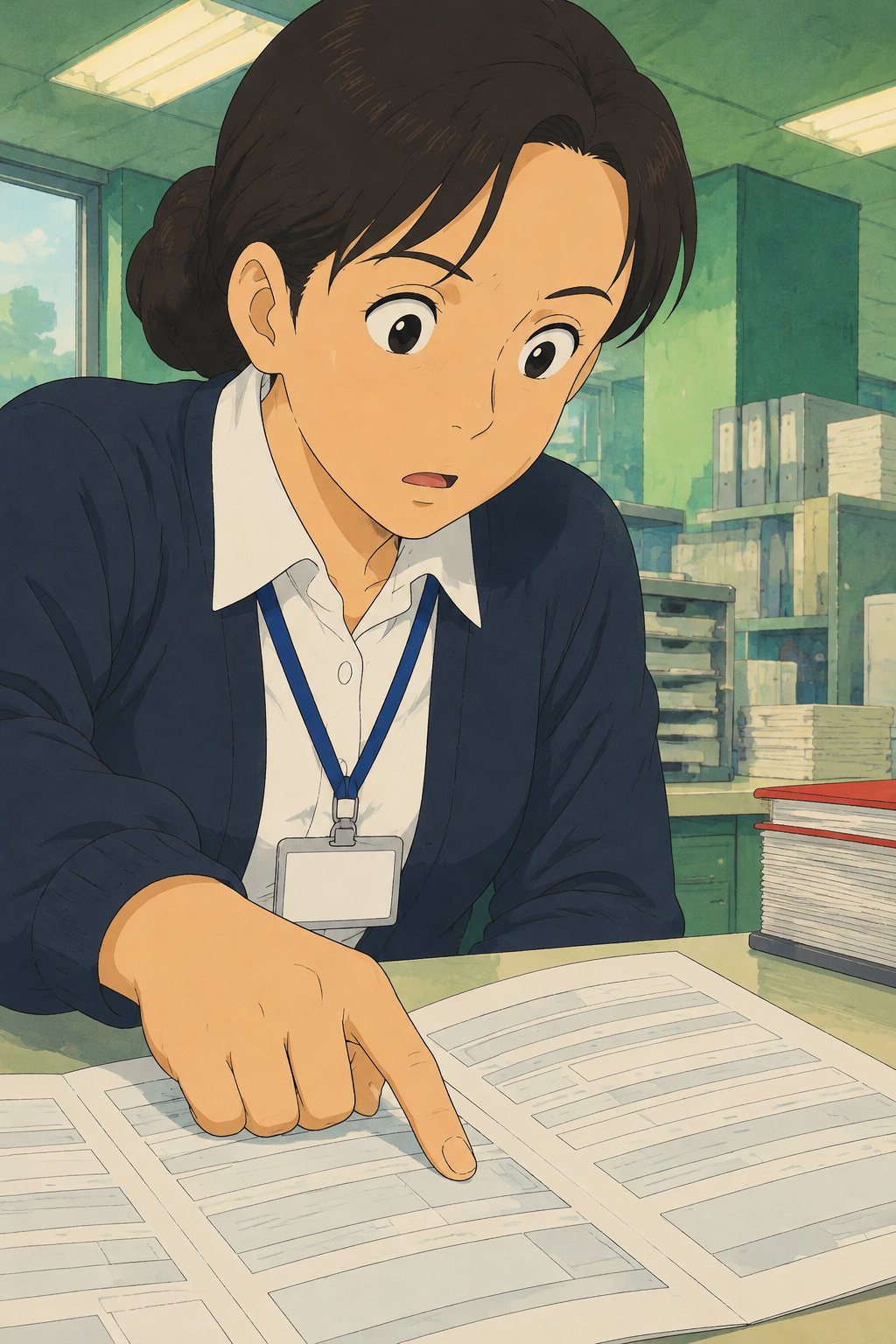 職員の顔の寄り。書類の1つの欄に指を置いたまま、目を見開く。