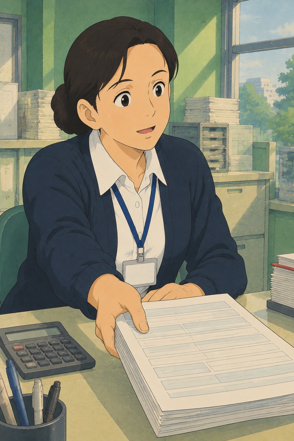 職員を正面から。電卓から顔を上げ、書類の束をそろえて男性の方へ差し出しながら、やわらかく笑う。