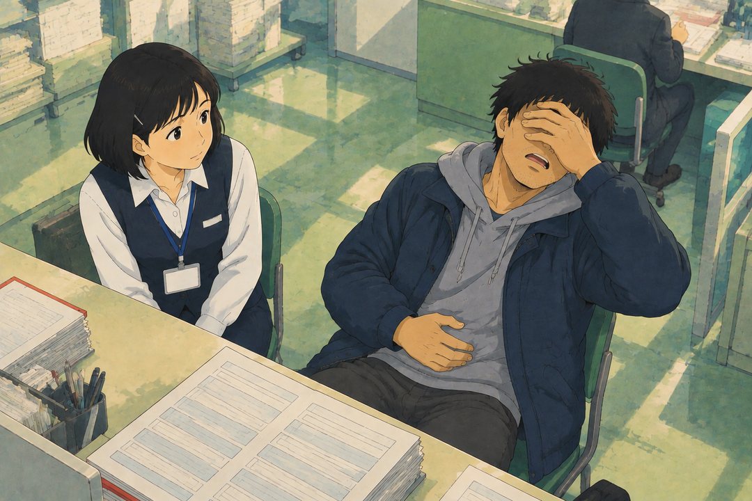 男性が椅子の背にもたれ、片手で目を覆って長く息を吐く。もう片方の手は腹に当てたまま。横で茅野が、小さく笑ってうなずく。