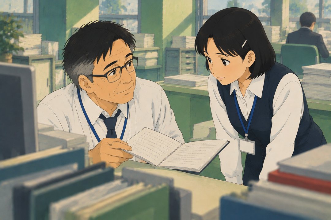 総合窓口。係長が、茅野の席に開いたまま置いてあったノート(細かい書きこみ。読める字は無い)を手に取り、戻ってきた茅野の方を振り向く。眼鏡の奥の目が少しゆるむ。