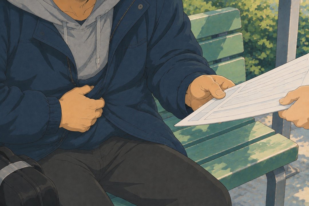 男性の手の寄り。右から茅野の手が差し出す控えの紙を片手で受け取り、もう片方の手は上着の上から腹を押さえたまま離さない。指に力が入っている。