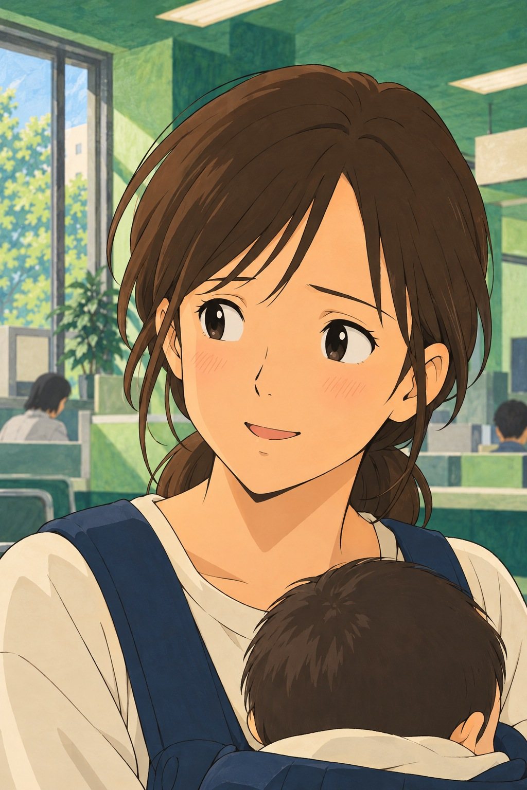 女性の顔の寄り。眉がほどけ、ほっとして少し笑う。朝の光。