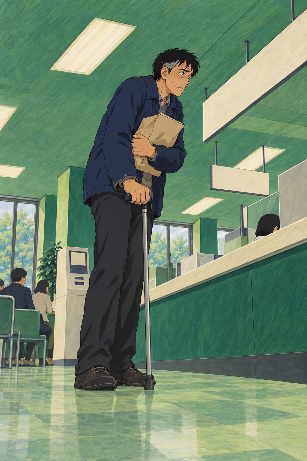 総合窓口の前。杖をついた40代の男性が、紙袋を胸に抱えて番号札の機械の前で立ち止まる。くたびれた紺のジャンパー。顔色が悪く、目の下にくま。