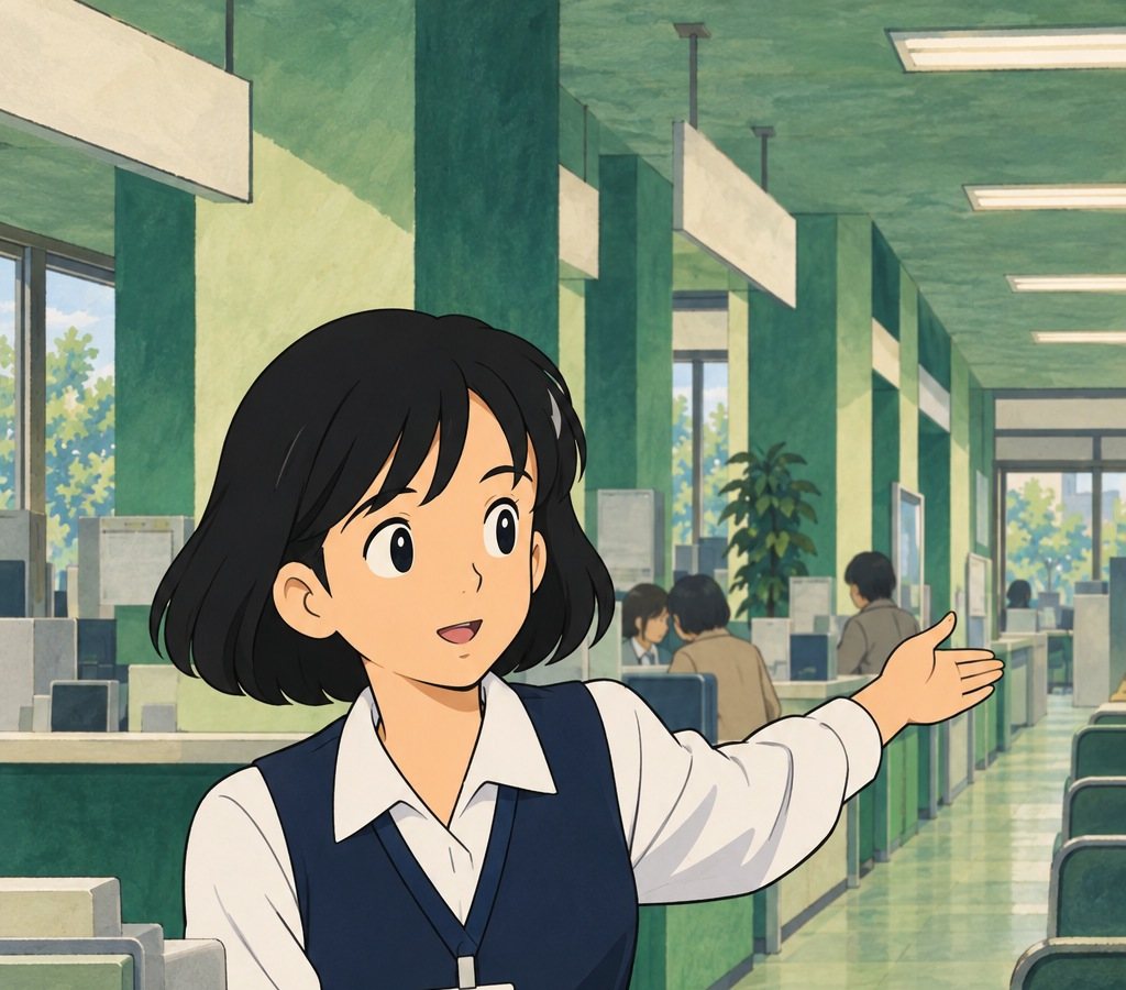 茅野の胸から上。すぐに手で廊下の奥を示そうとする。