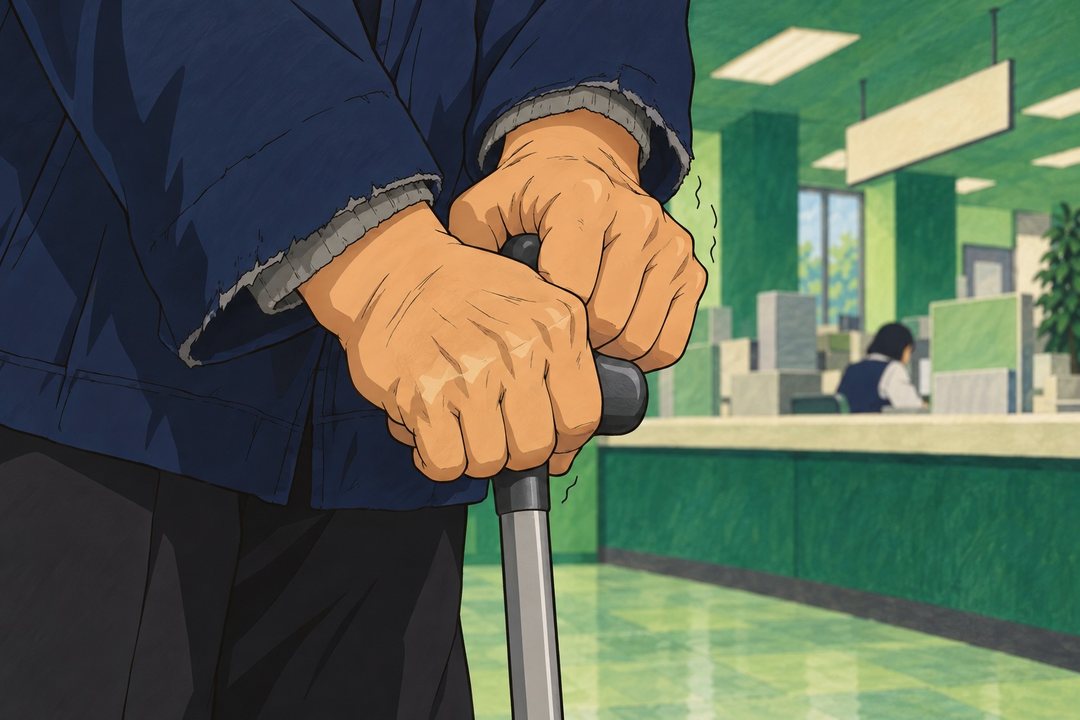 男性の手の寄り。杖の握りを両手で包み、指の関節が白くなるほど握る。紺のジャンパーの袖口がほつれている。後ろにぼけたカウンター。