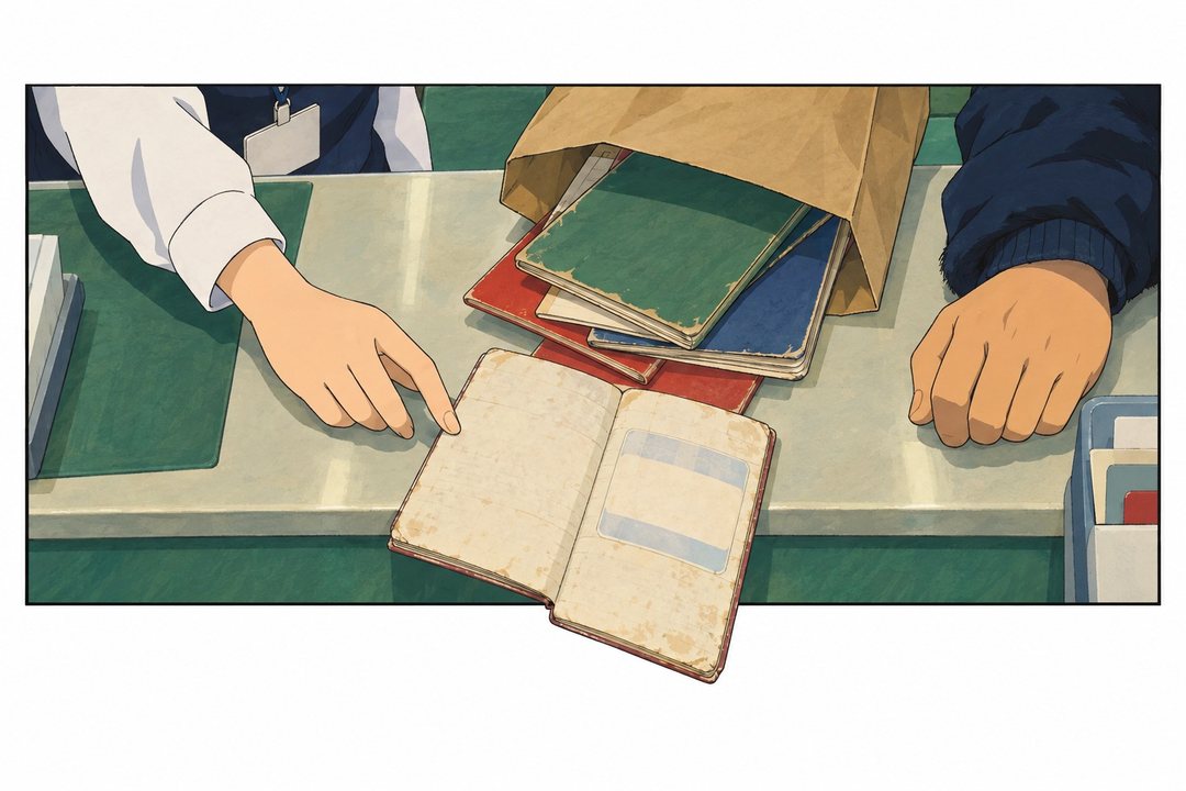 カウンターの上の寄り。男性の紙袋からこぼれた、何冊も重ねた古いお薬手帳。手前に開いた色あせた1冊のページに、古い薬局のシールが貼ってある（字は読めない）。茅野の指がその端に触れる。