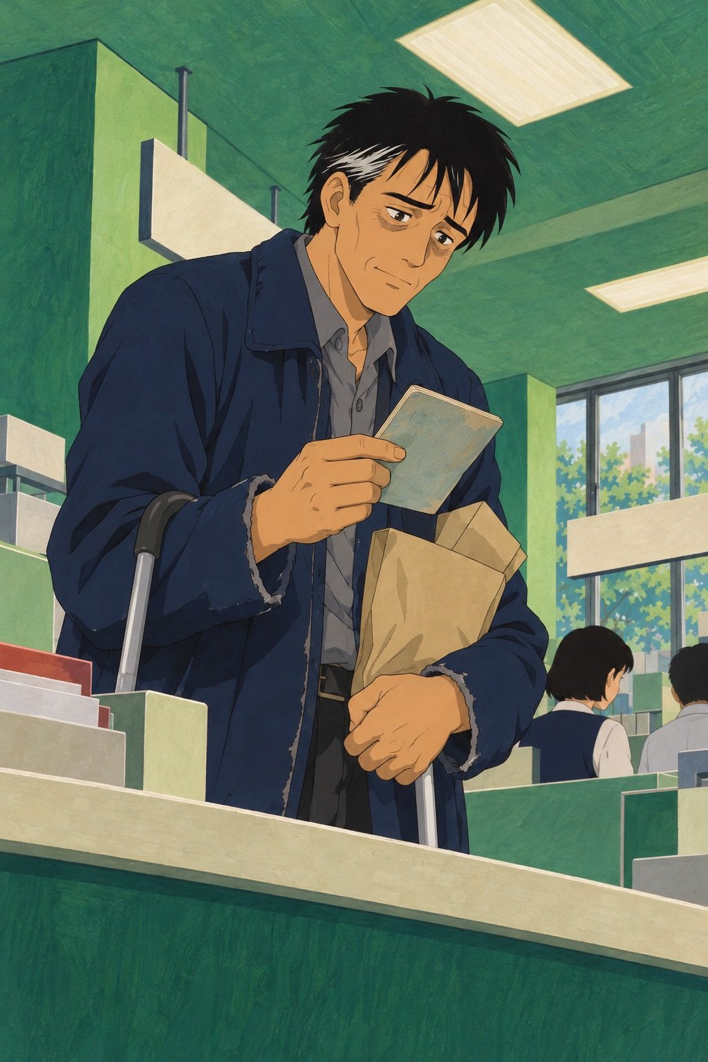 男性を少し下から。色あせた古いお薬手帳をつまみ上げ、苦く笑う。