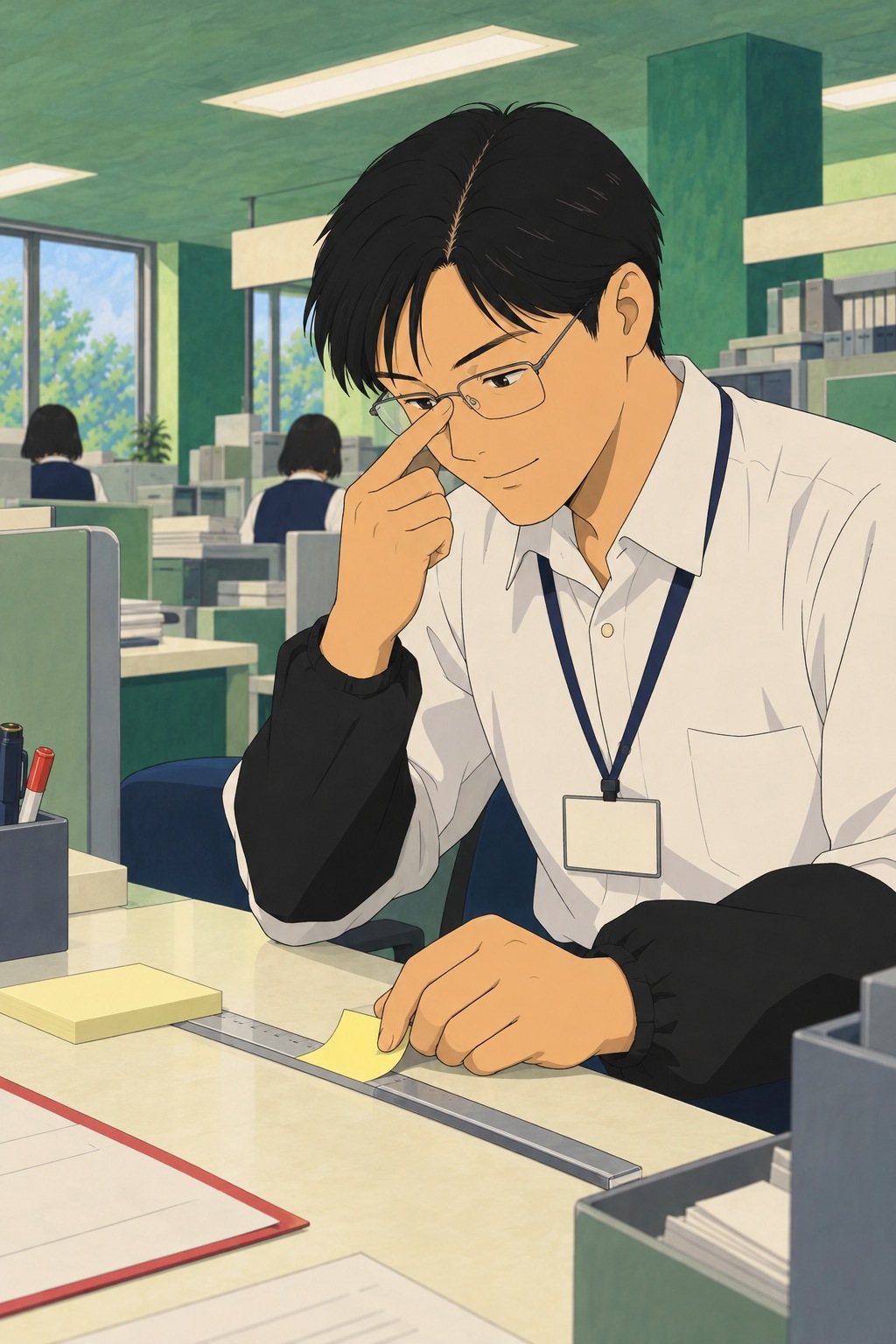 職員の顔の寄り。眼鏡を指で押し上げ、手元の付箋を1枚はがして、定規を当ててまっすぐ貼り直す。口元がかすかにゆるむ。
