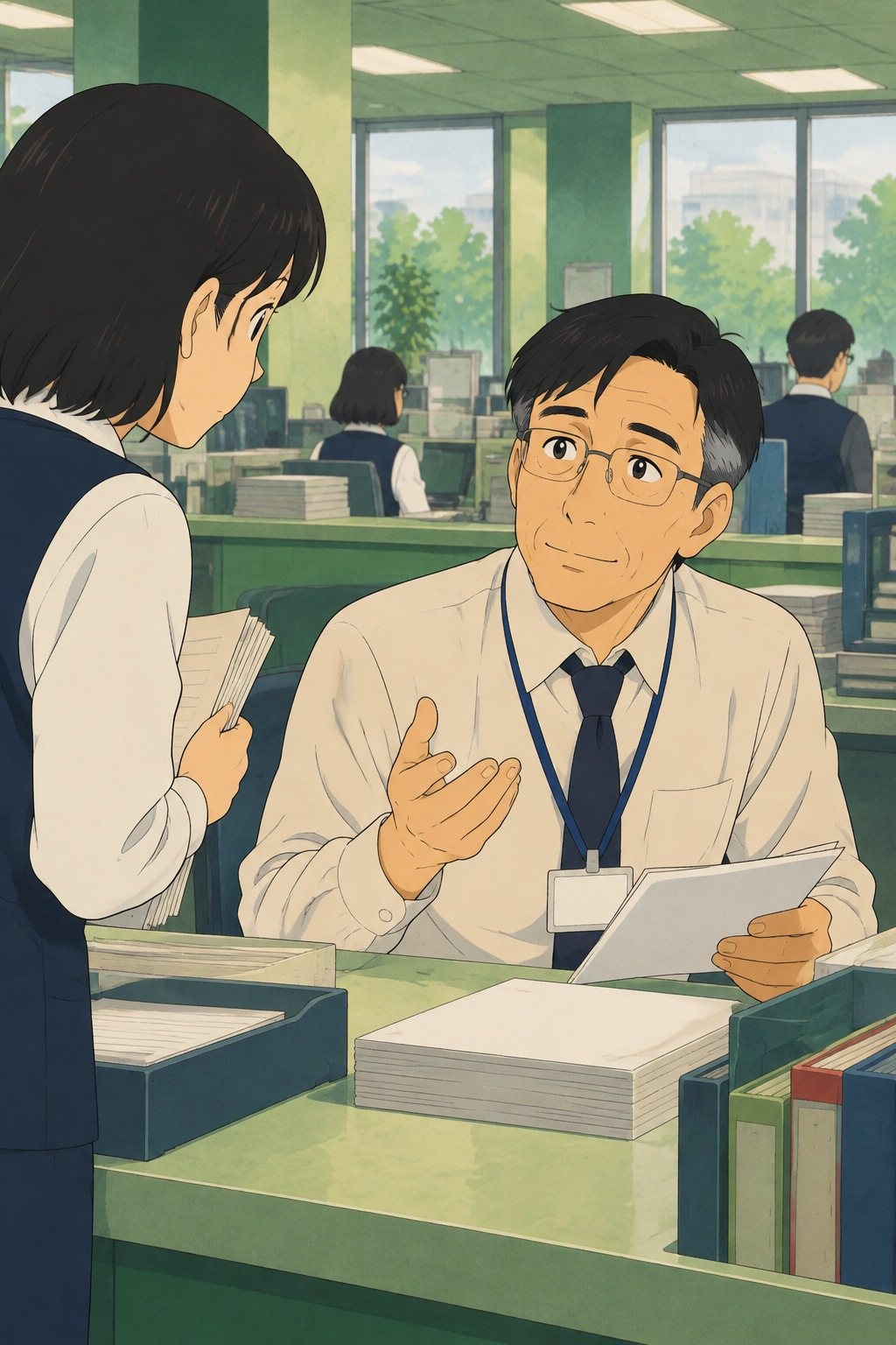 総合窓口の後ろの係長の席。眼鏡の係長が書類から顔を上げ、戻ってきた茅野に片手をあげる。机の上に〈今月の区民の声〉の用紙の束(字は読めない)。