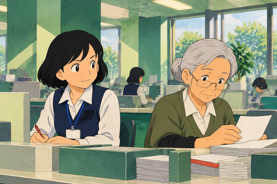 朝の総合窓口。並んだ2つの席。右の席で梅津がいつもどおり書類をそろえ、左の席の茅野が、その横顔をそっと見ている。