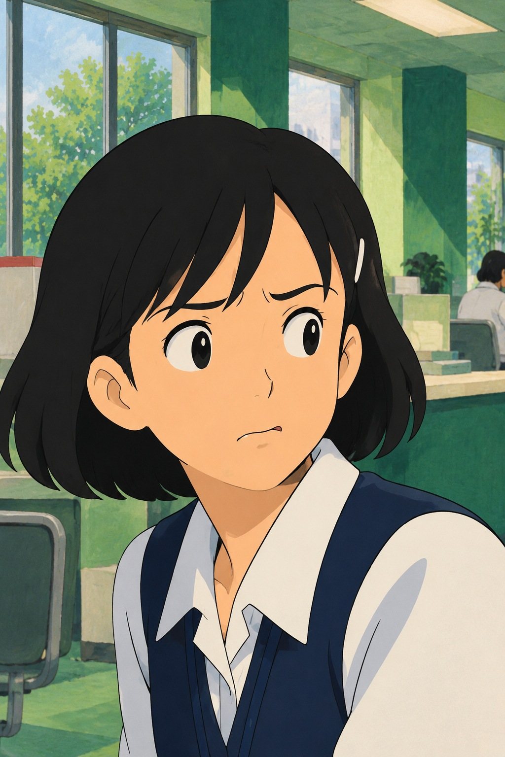 茅野の顔の寄り。隣をちらりと見ていたのがばれて、あわてて目をそらす。