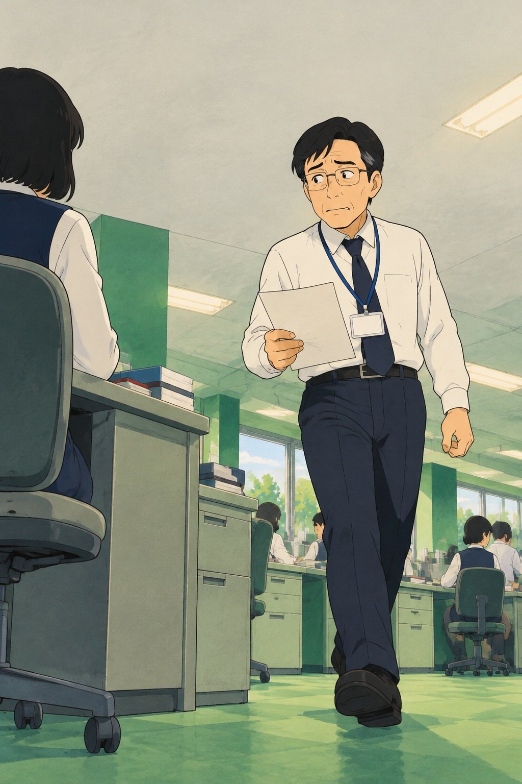 係長の席。眼鏡の係長が、1枚の用紙（字は読めない）を持って立ち上がり、茅野の席へ歩いてくる。顔は困ったように眉を下げている。