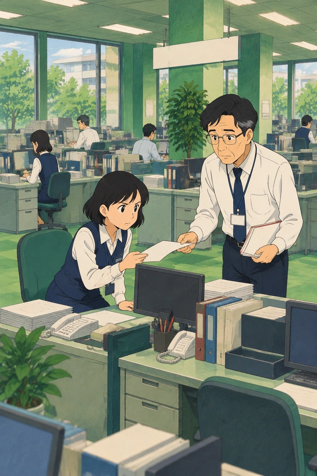 引きで、場所ごと。少し上から。自分の席に座ったまま、係長の差し出す用紙を受け取る茅野。