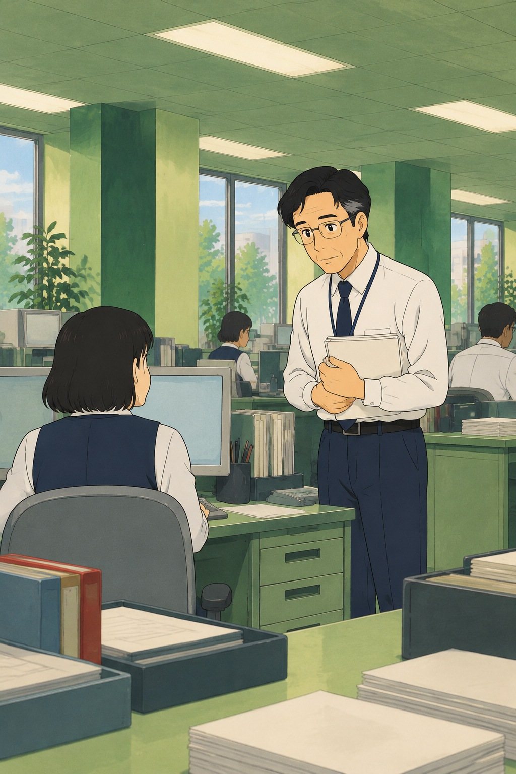引きで、場所ごと。座った茅野の背中越しに、書類を胸の前に持って立つ眼鏡の係長。言いにくそうに見下ろす。