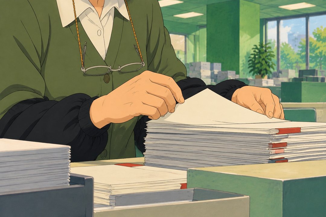 隣の席の梅津の手元の寄り。書類をそろえていた手が止まり、眼鏡の鎖が揺れる。黒い腕カバー。