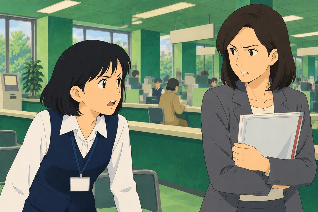 総合窓口のカウンター。右に、クリアファイルを抱えた40代の女性が立つ。グレーのスーツ、疲れた顔、眉間にしわ。左で茅野が立ち上がる。