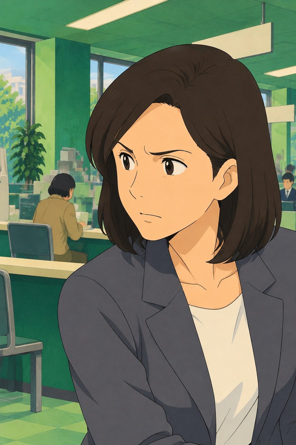 女性の顔の寄り。一瞬目をそらし、それから茅野をまっすぐ見返す。口元が固い。