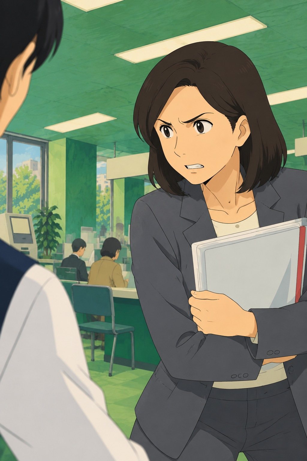 女性を少し下から。クリアファイルを胸に強く抱え、声が少し強くなる。